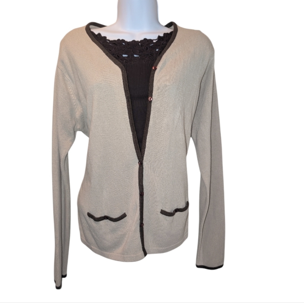 Beige Cardigan with Brown Trim